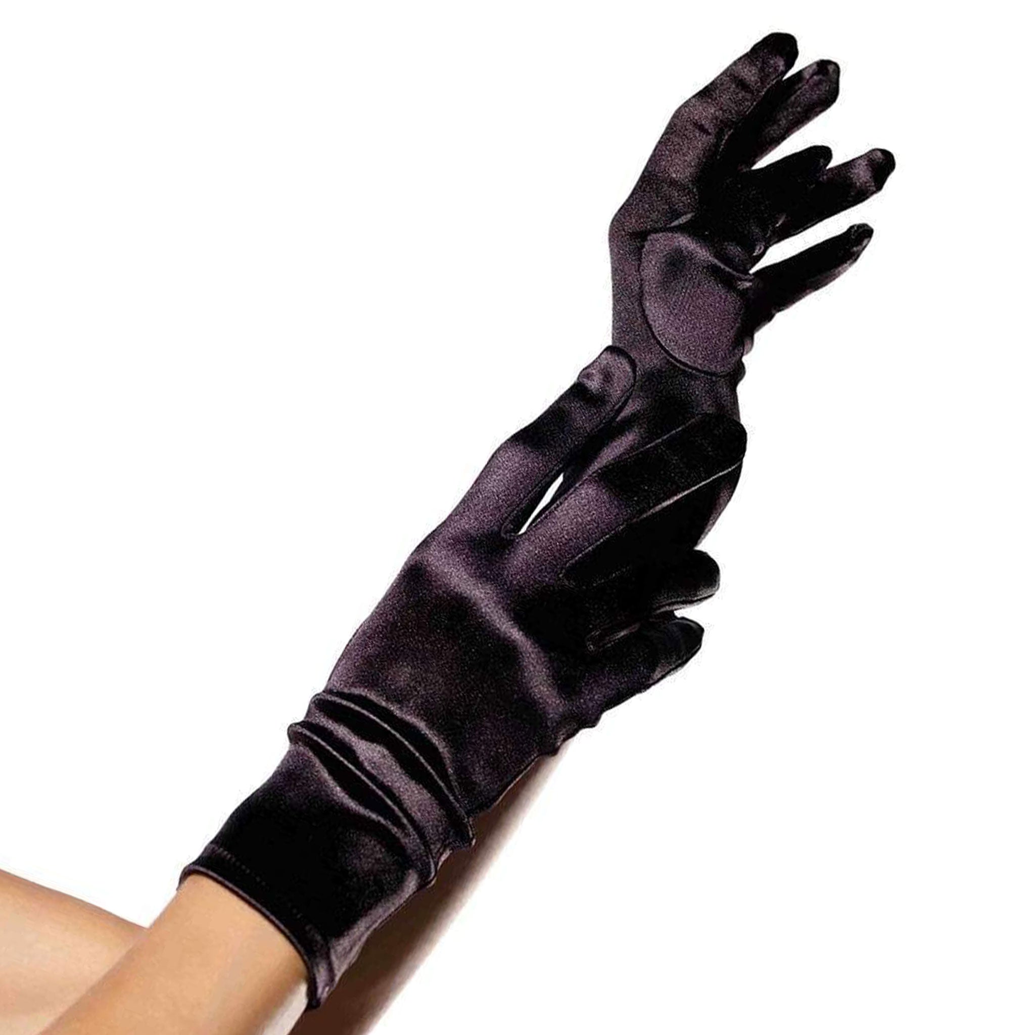 Polyester satin accessories gloves wrist wrist-length short full-finger fingered elegant stretchy sexy tailored fancy classy formal princess flapper great-gatsby pretty shiny 1920s roaring-20s costume cosplay halloween unisex black