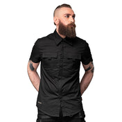 Cotton top shirt shortsleeve short-sleeve sleeves sleeved button-up button-down front-pockets breast-pockets concealed-placket button-placket pull-tabs comfortable stylish casual simple basic elegant everyday timeless male masculine masc mens dudes guys menswear black