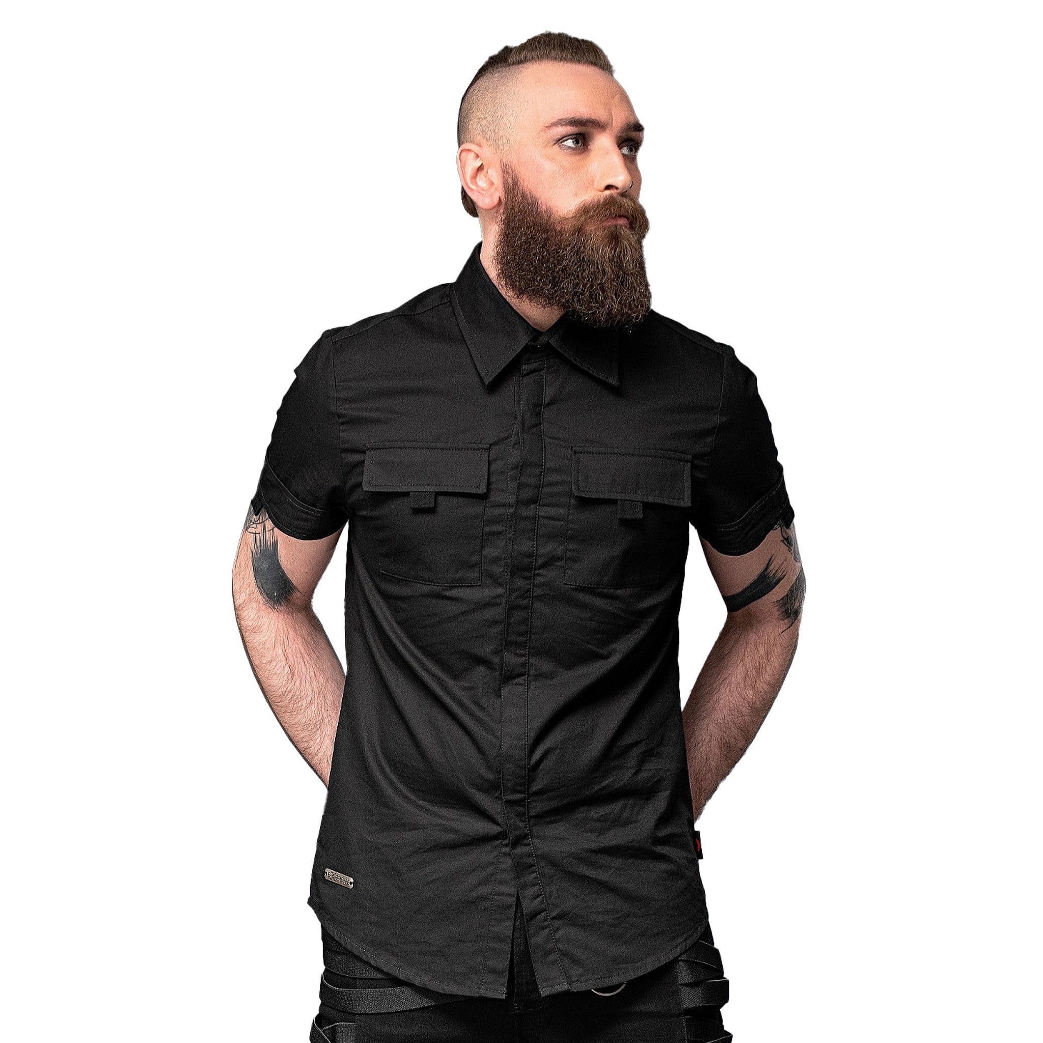 Cotton top shirt shortsleeve short-sleeve sleeves sleeved button-up button-down front-pockets breast-pockets concealed-placket button-placket pull-tabs comfortable stylish casual simple basic elegant everyday timeless male masculine masc mens dudes guys menswear black