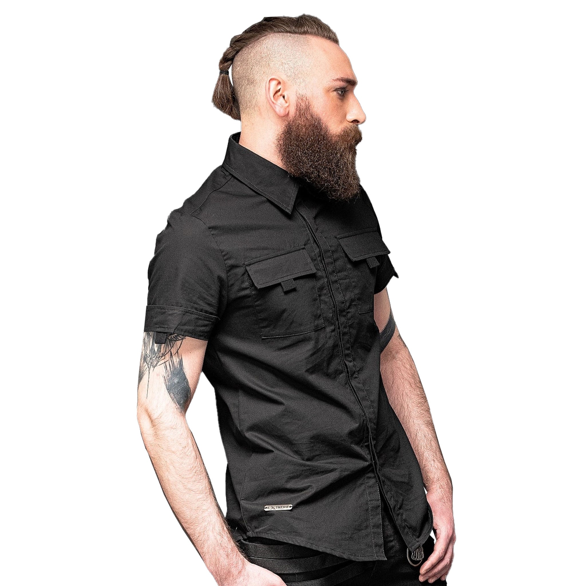 Cotton top shirt shortsleeve short-sleeve sleeves sleeved button-up button-down front-pockets breast-pockets concealed-placket button-placket pull-tabs comfortable stylish casual simple basic elegant everyday timeless male masculine masc mens dudes guys menswear black