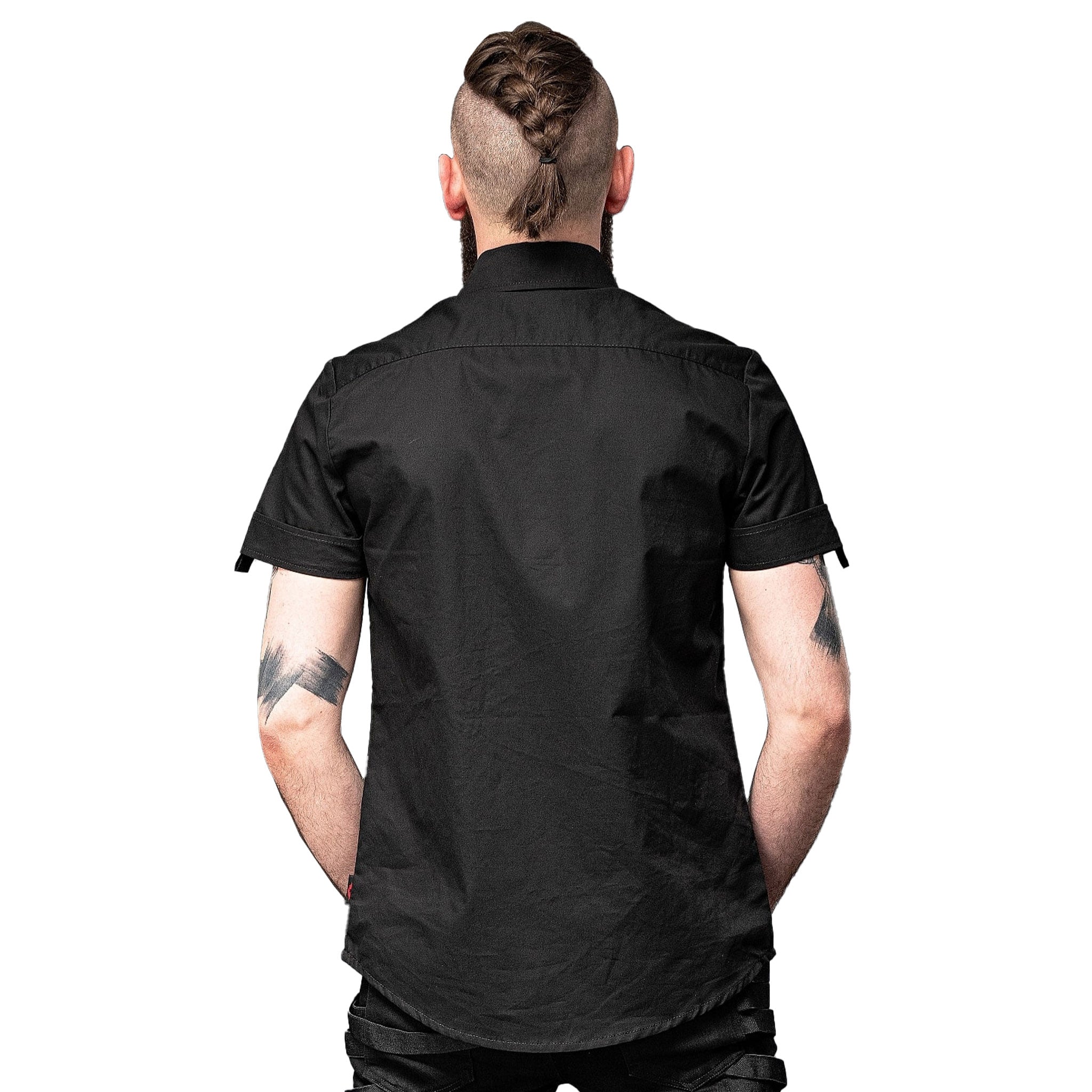 Cotton top shirt shortsleeve short-sleeve sleeves sleeved button-up button-down front-pockets breast-pockets concealed-placket button-placket pull-tabs comfortable stylish casual simple basic elegant everyday timeless male masculine masc mens dudes guys menswear black