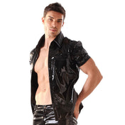 PVC vinyl polyester polyamide apparel top shirt dress-shirt button-up shortsleeve short-sleeve sleeves sleeved collared lapel-collar breast-pocket snap-button press-stud elegant classic sexy shiny glossy fetish fashion alternative alt-fashion punk goth gothic cyber kink kinky kinkwear male masculine masc mens guys dudes black