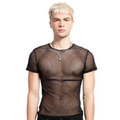 Nylon mesh sheer-mesh fishnet fish-net apparel top shirt t-shirt tshirt teeshirt tee-shirt shortsleeve short-sleeve sleeves sleeved fetish fashion alt-fashion alternative punk rocker goth gothic cyber cyberpunk clubbing clubwear festival festivalwear rave ravewear costume cosplay unisex black