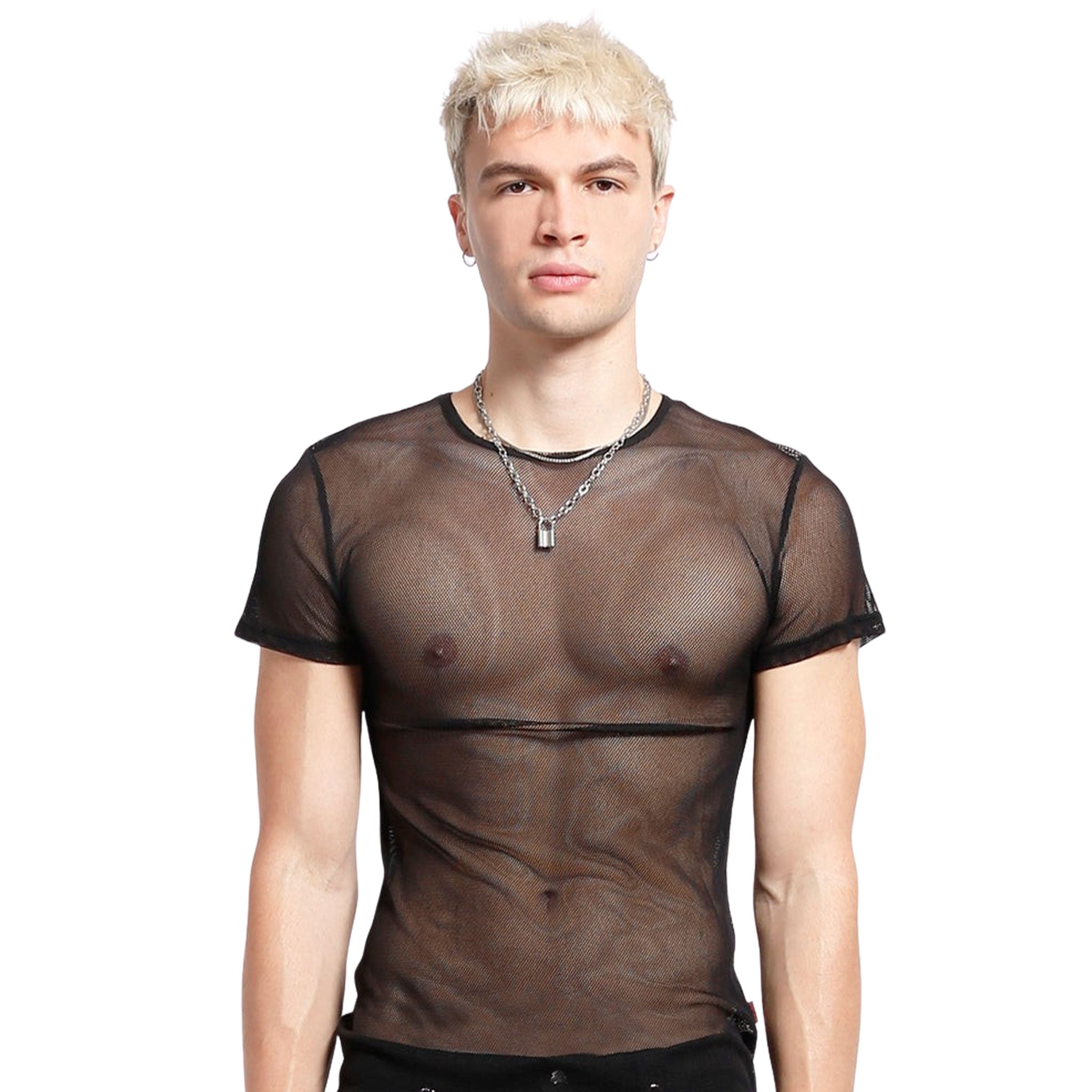 Nylon mesh sheer-mesh fishnet fish-net apparel top shirt t-shirt tshirt teeshirt tee-shirt shortsleeve short-sleeve sleeves sleeved fetish fashion alt-fashion alternative punk rocker goth gothic cyber cyberpunk clubbing clubwear festival festivalwear rave ravewear costume cosplay unisex black