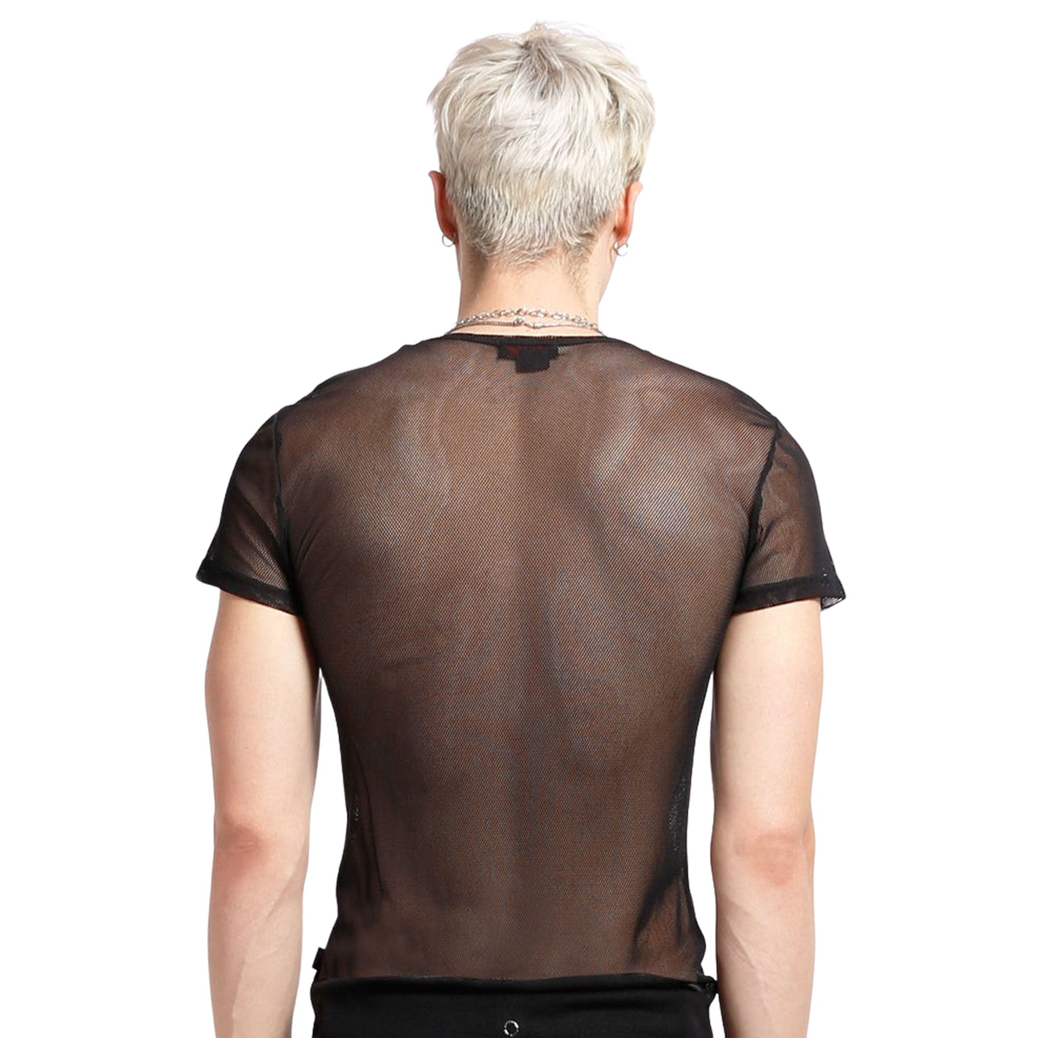 Nylon mesh sheer-mesh fishnet fish-net apparel top shirt t-shirt tshirt teeshirt tee-shirt shortsleeve short-sleeve sleeves sleeved fetish fashion alt-fashion alternative punk rocker goth gothic cyber cyberpunk clubbing clubwear festival festivalwear rave ravewear costume cosplay unisex black
