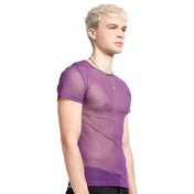 Nylon mesh sheer-mesh fishnet fish-net apparel top shirt t-shirt tshirt teeshirt tee-shirt shortsleeve short-sleeve sleeves sleeved fetish fashion alt-fashion alternative punk rocker goth gothic cyber cyberpunk clubbing clubwear festival festivalwear rave ravewear costume cosplay unisex purple