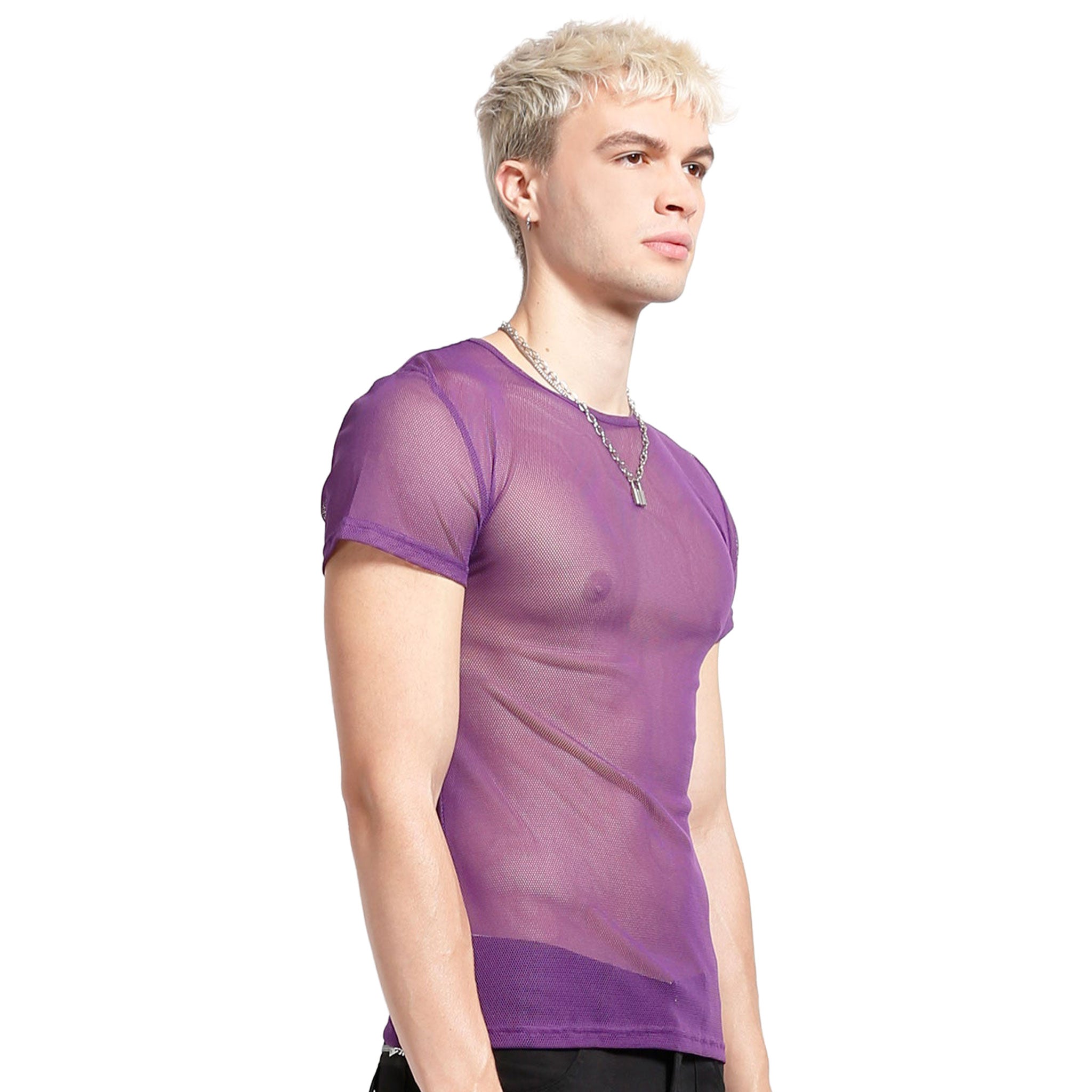 Nylon mesh sheer-mesh fishnet fish-net apparel top shirt t-shirt tshirt teeshirt tee-shirt shortsleeve short-sleeve sleeves sleeved fetish fashion alt-fashion alternative punk rocker goth gothic cyber cyberpunk clubbing clubwear festival festivalwear rave ravewear costume cosplay unisex purple