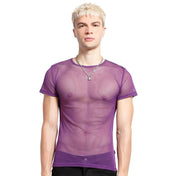 Nylon mesh sheer-mesh fishnet fish-net apparel top shirt t-shirt tshirt teeshirt tee-shirt shortsleeve short-sleeve sleeves sleeved fetish fashion alt-fashion alternative punk rocker goth gothic cyber cyberpunk clubbing clubwear festival festivalwear rave ravewear costume cosplay unisex purple