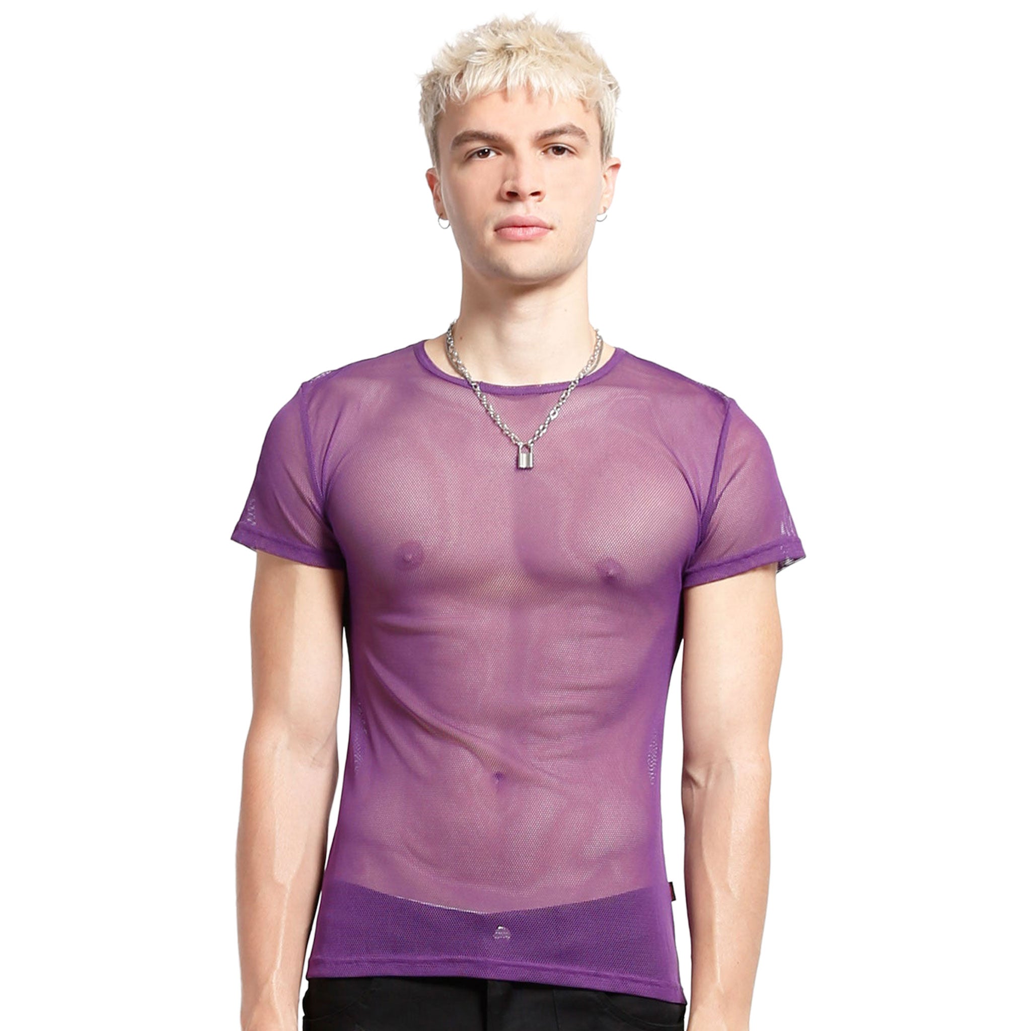Nylon mesh sheer-mesh fishnet fish-net apparel top shirt t-shirt tshirt teeshirt tee-shirt shortsleeve short-sleeve sleeves sleeved fetish fashion alt-fashion alternative punk rocker goth gothic cyber cyberpunk clubbing clubwear festival festivalwear rave ravewear costume cosplay unisex purple