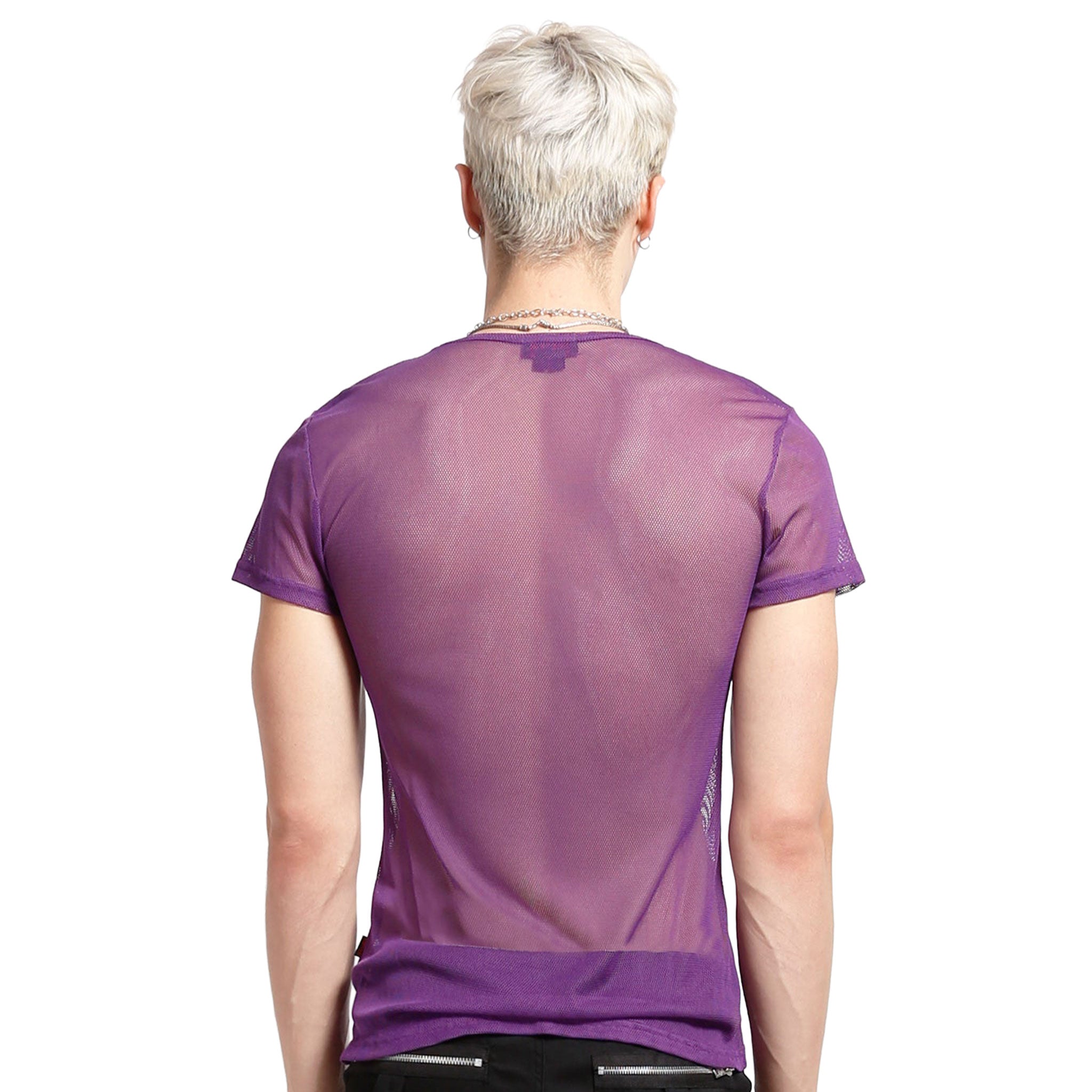 Nylon mesh sheer-mesh fishnet fish-net apparel top shirt t-shirt tshirt teeshirt tee-shirt shortsleeve short-sleeve sleeves sleeved fetish fashion alt-fashion alternative punk rocker goth gothic cyber cyberpunk clubbing clubwear festival festivalwear rave ravewear costume cosplay unisex purple