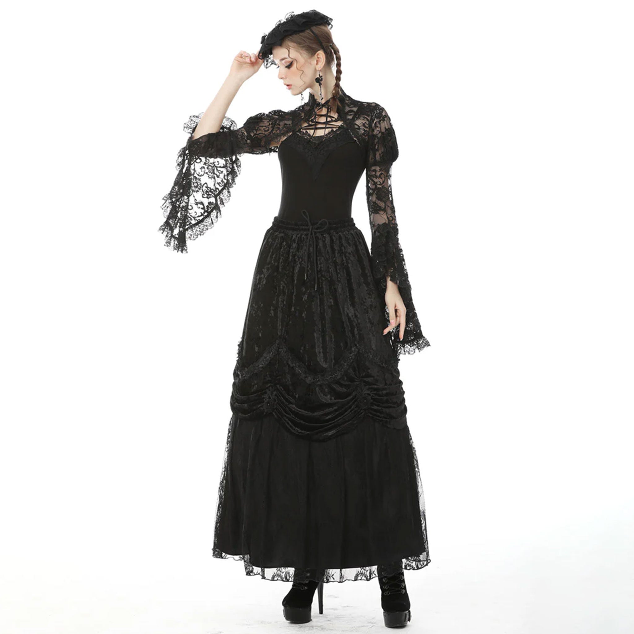 Sheer lace top bolero jacket cardigan cape ruffles ruffled long-sleeve bell-sleeve trumpet-sleeve flare-sleeve flare bell long trumpet sleeve puff puffed puffy  shoulder shoulders sleeved lace-up high collar dramatic vintage goth gothic loli lolita cosplay costume halloween black