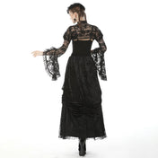 Sheer lace top bolero jacket cardigan cape ruffles ruffled long-sleeve bell-sleeve trumpet-sleeve flare-sleeve flare bell long trumpet sleeve puff puffed puffy  shoulder shoulders sleeved lace-up high collar dramatic vintage goth gothic loli lolita cosplay costume halloween black