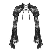Sheer lace top bolero jacket cardigan cape ruffles ruffled long-sleeve bell-sleeve trumpet-sleeve flare-sleeve flare bell long trumpet sleeve puff puffed puffy  shoulder shoulders sleeved lace-up high collar dramatic vintage goth gothic loli lolita cosplay costume halloween black