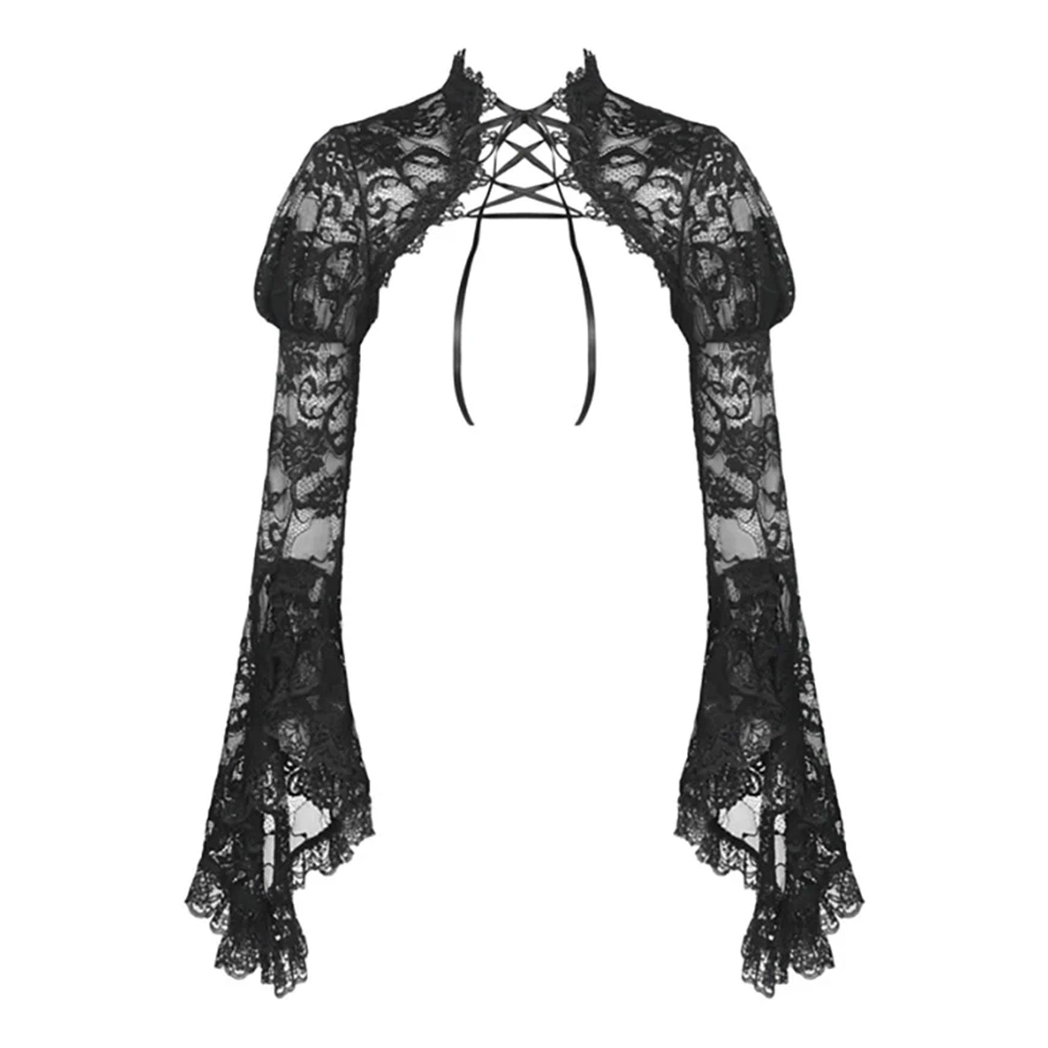 Sheer lace top bolero jacket cardigan cape ruffles ruffled long-sleeve bell-sleeve trumpet-sleeve flare-sleeve flare bell long trumpet sleeve puff puffed puffy  shoulder shoulders sleeved lace-up high collar dramatic vintage goth gothic loli lolita cosplay costume halloween black