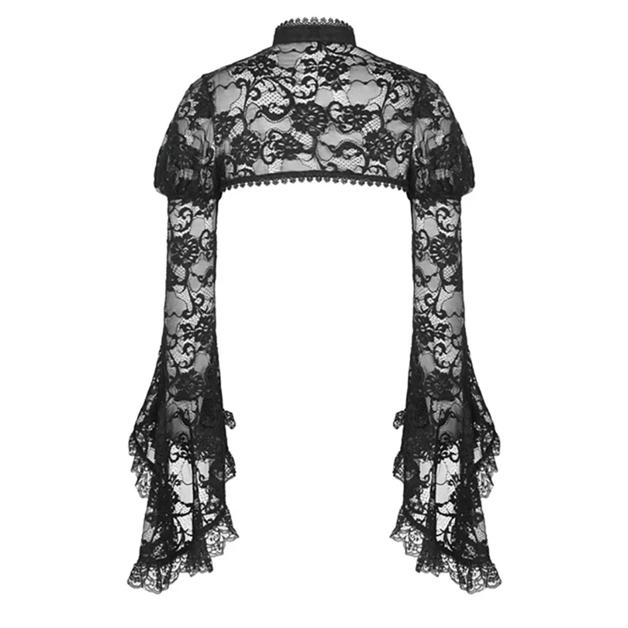 Sheer lace top bolero jacket cardigan cape ruffles ruffled long-sleeve bell-sleeve trumpet-sleeve flare-sleeve flare bell long trumpet sleeve puff puffed puffy  shoulder shoulders sleeved lace-up high collar dramatic vintage goth gothic loli lolita cosplay costume halloween black