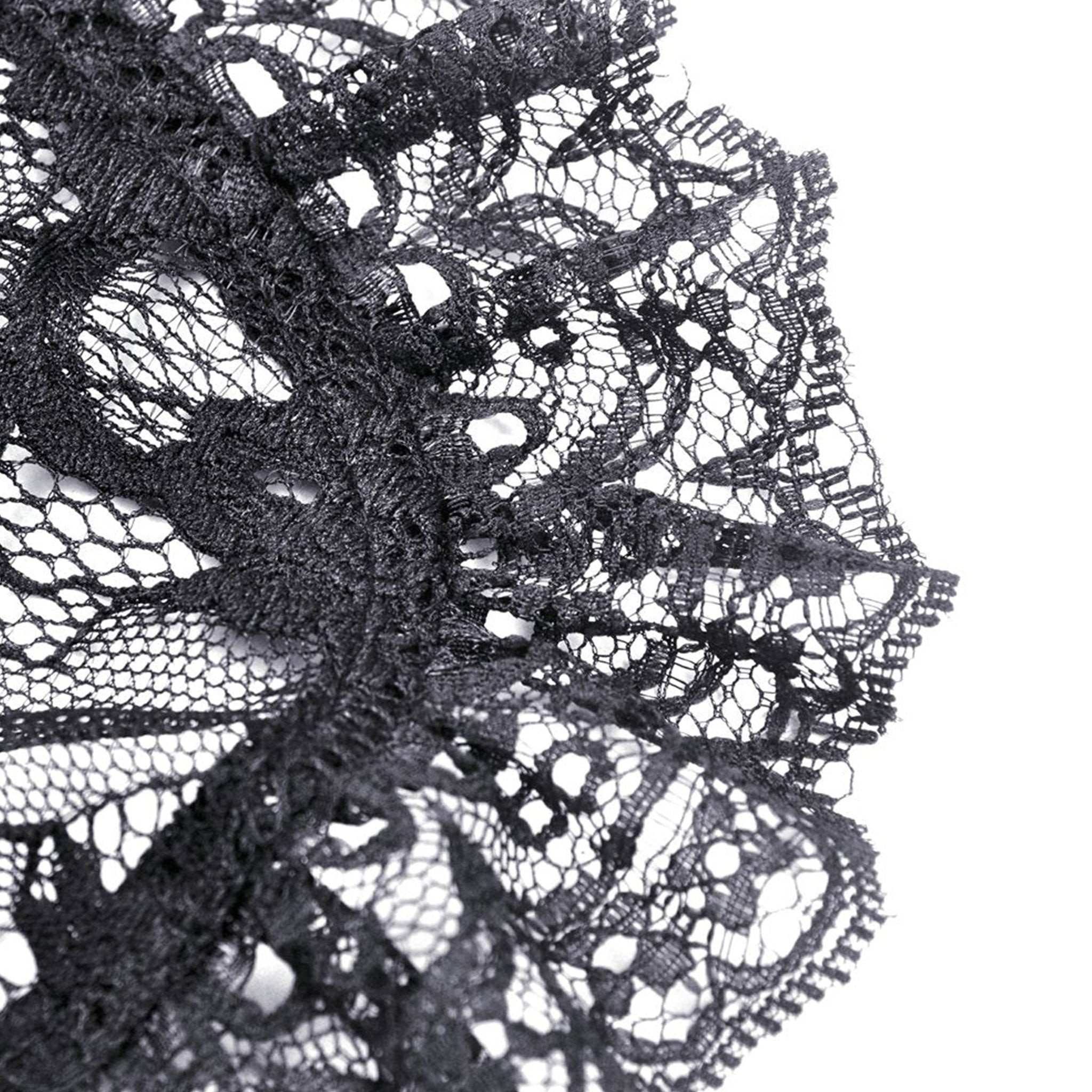 Sheer lace top bolero jacket cardigan cape ruffles ruffled long-sleeve bell-sleeve trumpet-sleeve flare-sleeve flare bell long trumpet sleeve puff puffed puffy  shoulder shoulders sleeved lace-up high collar dramatic vintage goth gothic loli lolita cosplay costume halloween black
