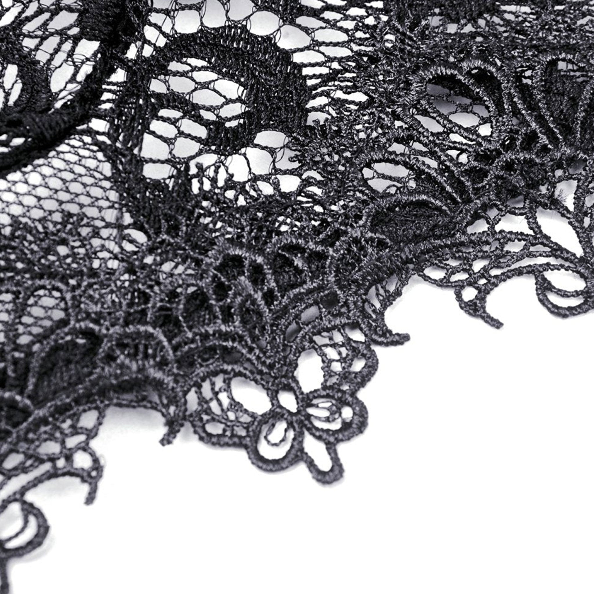 Sheer lace top bolero jacket cardigan cape ruffles ruffled long-sleeve bell-sleeve trumpet-sleeve flare-sleeve flare bell long trumpet sleeve puff puffed puffy  shoulder shoulders sleeved lace-up high collar dramatic vintage goth gothic loli lolita cosplay costume halloween black