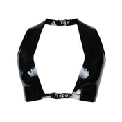 Latex rubber apparel tops intimate lingerie latex-lingerie bra bralette crop-top sleeveless collar adjustable buckle underbust plunging cleavage front-cutout shiny glossy sleek fetish fashion alt-fashion alternative punk goth gothic cyber cyberpunk matrix trinity bedroom dungeon festival clubbing bondage bdsm bdsm-fashion kink kinky kinkwear costume cosplay halloween house-of-harlot female femme feminine womens black