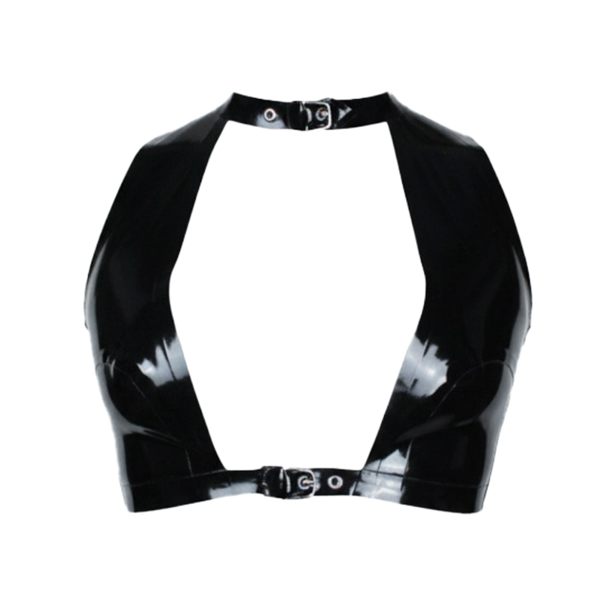 Latex rubber apparel tops intimate lingerie latex-lingerie bra bralette crop-top sleeveless collar adjustable buckle underbust plunging cleavage front-cutout shiny glossy sleek fetish fashion alt-fashion alternative punk goth gothic cyber cyberpunk matrix trinity bedroom dungeon festival clubbing bondage bdsm bdsm-fashion kink kinky kinkwear costume cosplay halloween house-of-harlot female femme feminine womens black