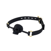 Silicone platinum-cured accessories restraint gag mouth-gag lockable locking adjustable buckle skull-shaped skull skull-gag breathable O-ring body-safe latex-free phthalate-free odorless tasteless comfortable stretchy fetish fashion alt-fashion bondage bdsm bdsm-toys kink kinky kinky-toys restraint silence be-mine adult-toys black