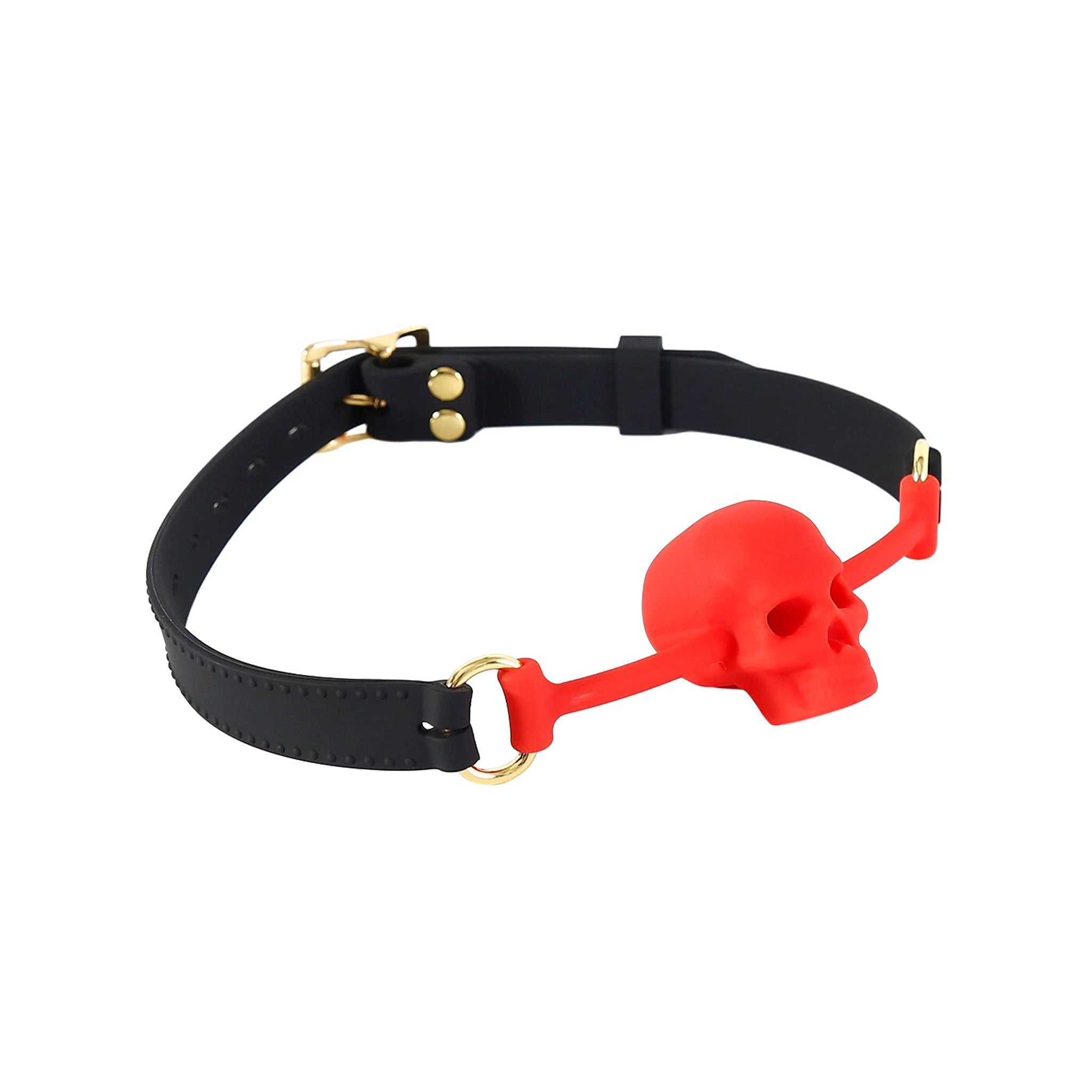 Silicone platinum-cured accessories restraint gag mouth-gag lockable locking adjustable buckle skull-shaped skull skull-gag breathable O-ring body-safe latex-free phthalate-free odorless tasteless comfortable stretchy fetish fashion alt-fashion bondage bdsm bdsm-toys kink kinky kinky-toys restraint silence be-mine adult-toys red