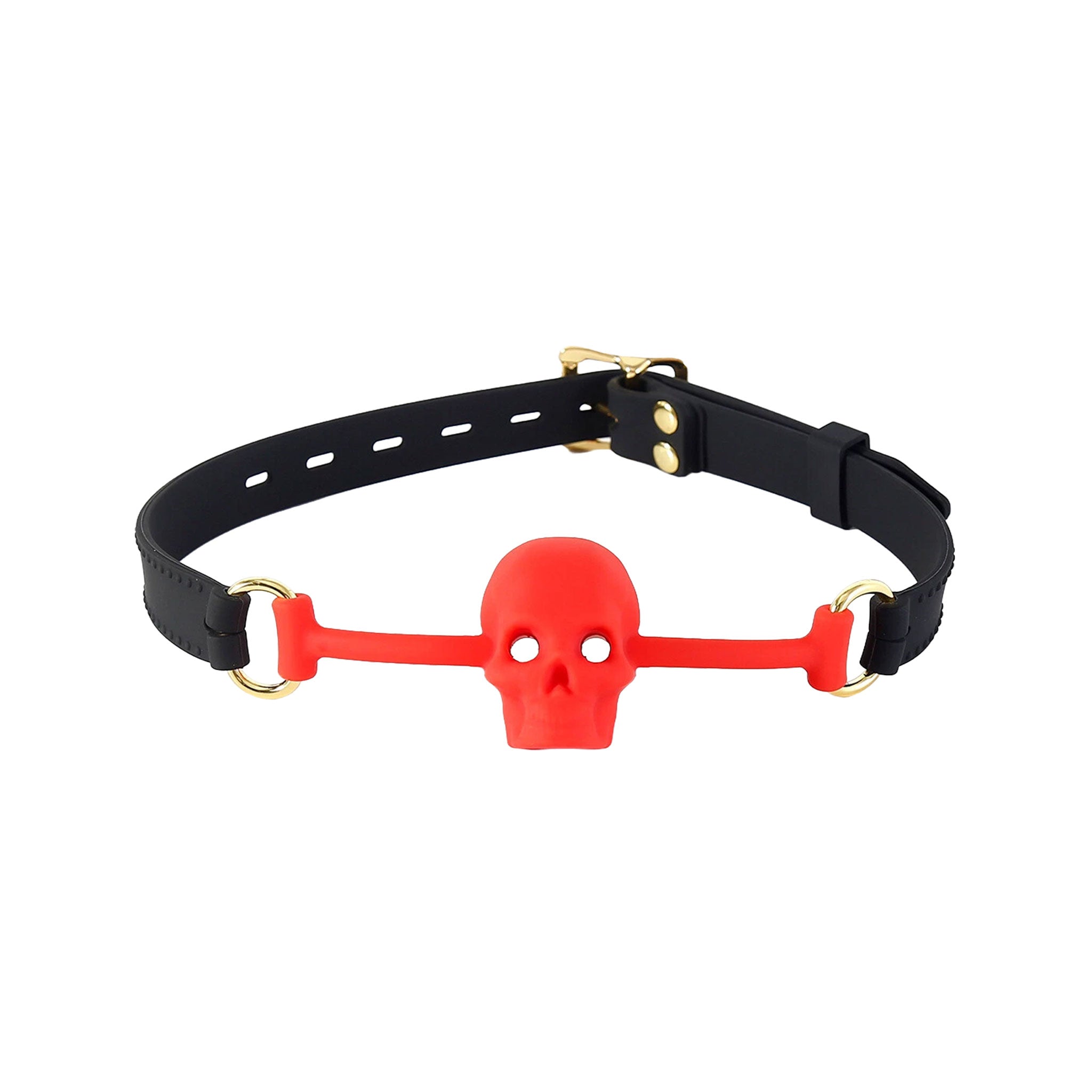 Silicone platinum-cured accessories restraint gag mouth-gag lockable locking adjustable buckle skull-shaped skull skull-gag breathable O-ring body-safe latex-free phthalate-free odorless tasteless comfortable stretchy fetish fashion alt-fashion bondage bdsm bdsm-toys kink kinky kinky-toys restraint silence be-mine adult-toys red