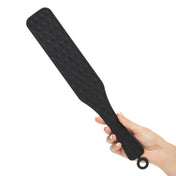 Silicone paddle spanking-paddle spanking double-sided flat-side diamont-pattern textured-side flat smooth soft fetish fashion alt-fashion bdsm sadism masochism bdsm-gear impact impact-play impact-toys kink kinky kinky-play adult-toys variety versatile black
