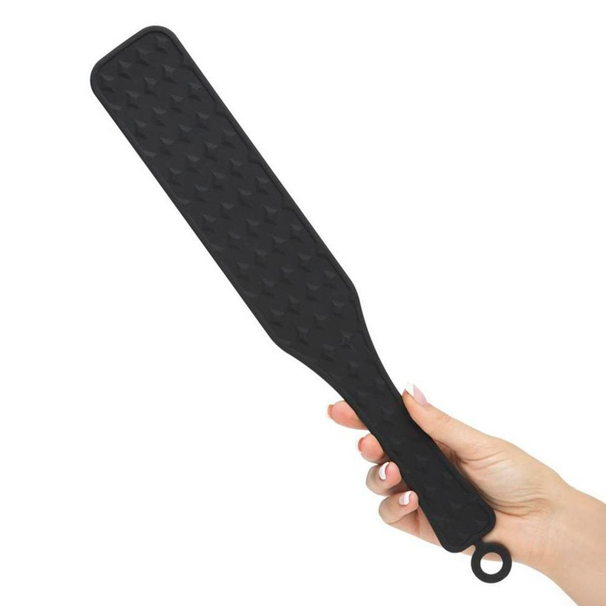 Silicone paddle spanking-paddle spanking double-sided flat-side diamont-pattern textured-side flat smooth soft fetish fashion alt-fashion bdsm sadism masochism bdsm-gear impact impact-play impact-toys kink kinky kinky-play adult-toys variety versatile black