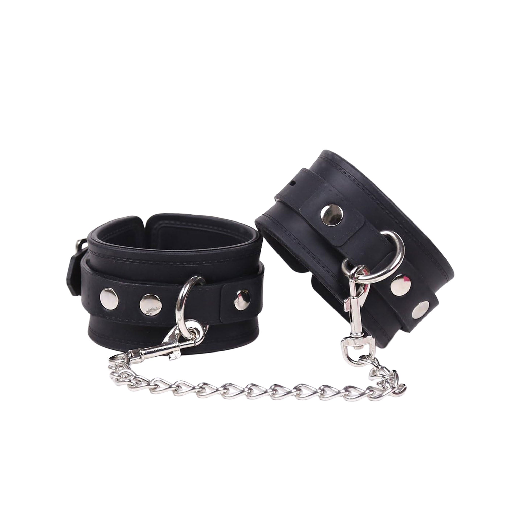 Silicone food-grade metallic-chain accessories restraints wrist wristcuffs wrist-cuffs locking lockable adjustable buckle roller-buckle D-ring fun resilient soft strong durable fetish fashion alt-fashion bedroom bondage bdsm bdsm-toys bdsm-gear kink kinky kinky-play couples gifts valentines costume cosplay halloween unisex adult-toys black