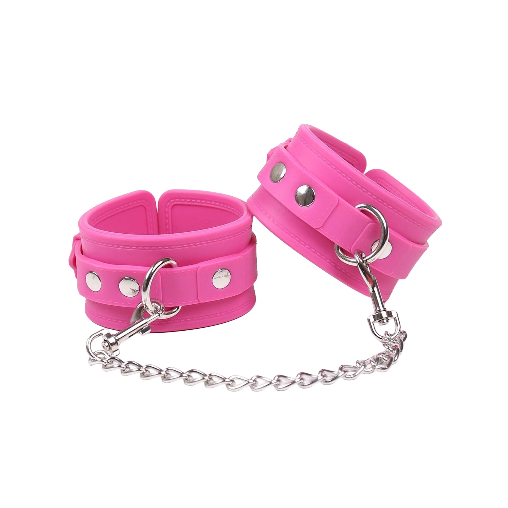 Silicone food-grade metallic-chain accessories restraints wrist wristcuffs wrist-cuffs locking lockable adjustable buckle roller-buckle D-ring fun resilient soft strong durable fetish fashion alt-fashion bedroom bondage bdsm bdsm-toys bdsm-gear kink kinky kinky-play couples gifts valentines costume cosplay halloween unisex adult-toys pink