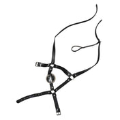 Leather faux-leather polished-steel steel apparel accessories head-gear headgear ball-gag gag mouth mouth-gag head-gag head-harness gag-harness adjustable buckle chin-strap head-strap O-ring extreme unique fetish fashion alt-fashion bdsm bongage restraint silence kink-apparel kink kinky kinky-play unisex black silver