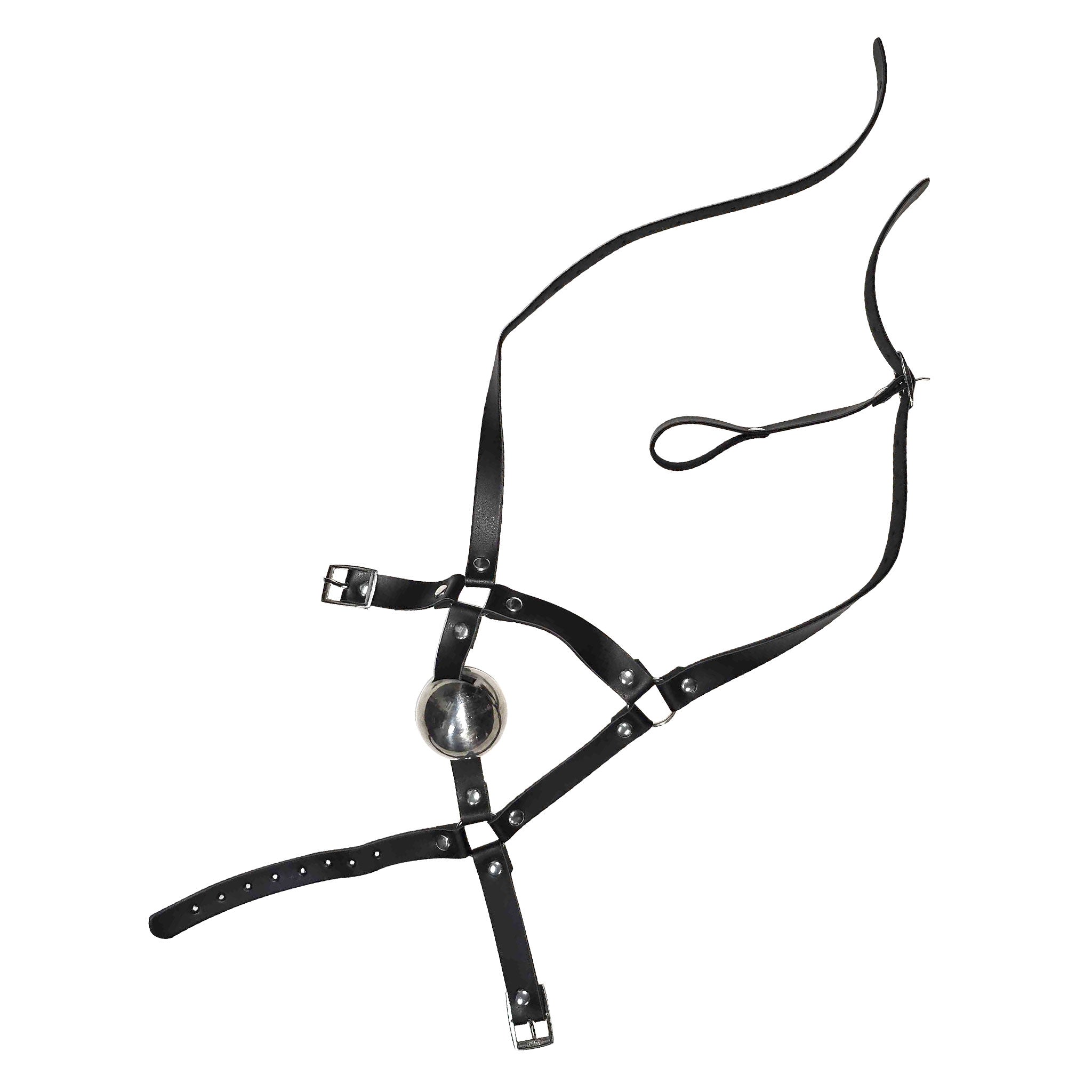 Leather faux-leather polished-steel steel apparel accessories head-gear headgear ball-gag gag mouth mouth-gag head-gag head-harness gag-harness adjustable buckle chin-strap head-strap O-ring extreme unique fetish fashion alt-fashion bdsm bongage restraint silence kink-apparel kink kinky kinky-play unisex black silver