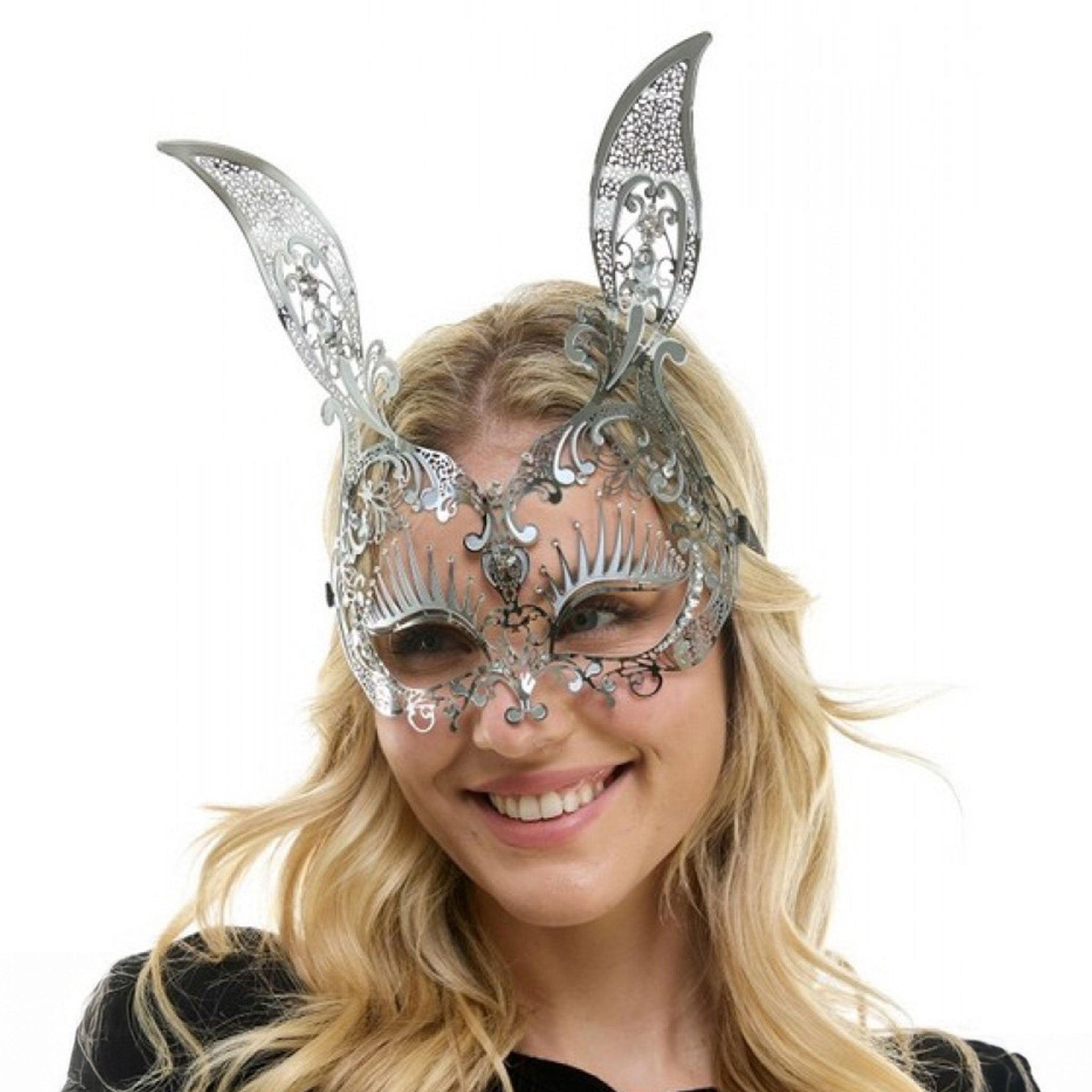 Metal lightweight light-weight rhinestones accessories mask laser-cut ornate filigree bunny-ears bunny rabbit rabbit-ears animal dramatic elegant sparkling sleek sophisticated animal-play pet-play costume cosplay halloween mardi-gras masquerade party masquerade-ball male masculine masc mens guys dudes female femme feminine womens unisex silver