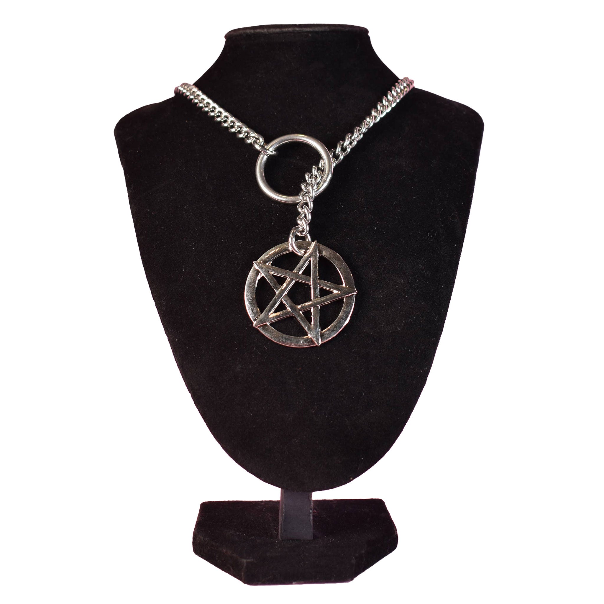 Stainless-steel chain accessories jewelry necklace choker collar choke-chain jump-chain slip-chain jump-rings pentacle pentagram succubus incubus devil demon fiendish tugging pulling tug-proof tugproof fetish fashion bdsm-play bdsm bondage domination submission pet-play durable silver