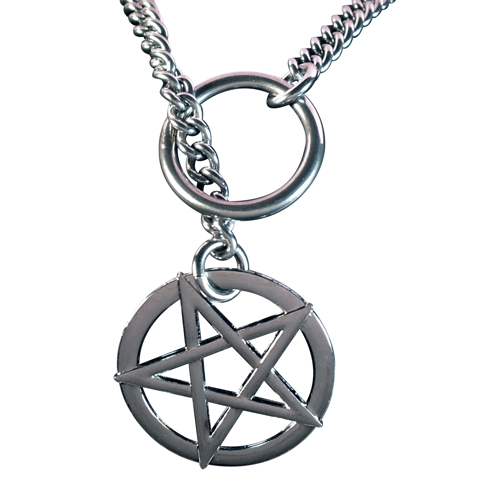 Stainless-steel chain accessories jewelry necklace choker collar choke-chain jump-chain slip-chain jump-rings pentacle pentagram succubus incubus devil demon fiendish tugging pulling tug-proof tugproof fetish fashion bdsm-play bdsm bondage domination submission pet-play durable silver