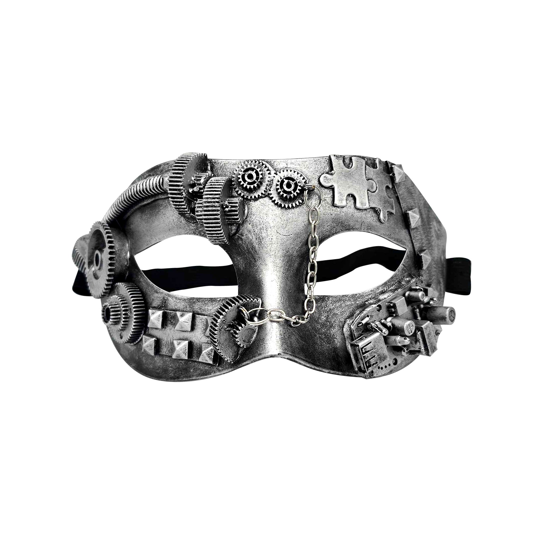 Plastic molded-plastic elastic accessories mask eye-mask gear steampunk steam-punk puzzle industrial chain hanging-chains puzzle-piece mechanical sci-fi fantasy costume cosplay Halloween masquerade masquerade-ball unisex silver