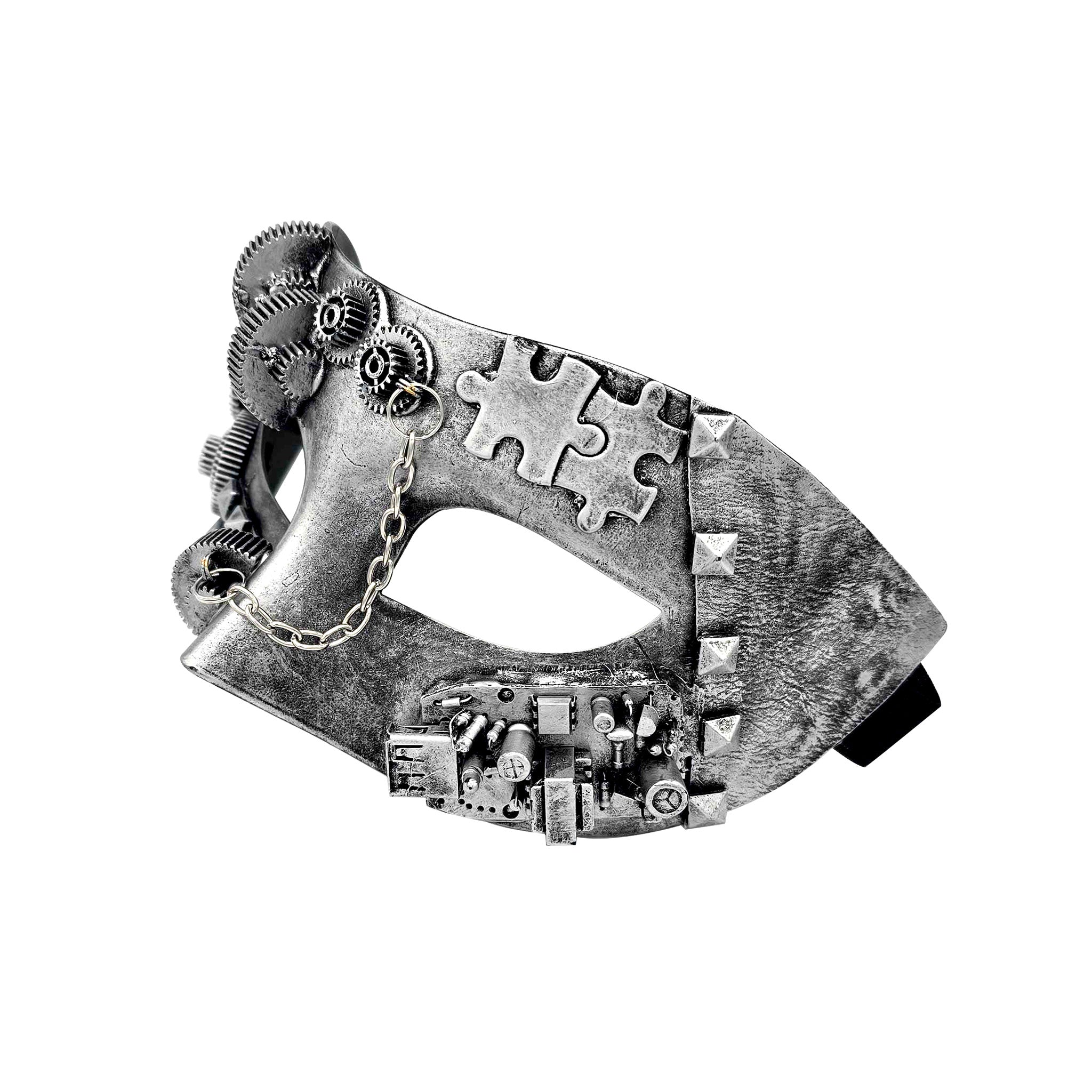 Plastic molded-plastic elastic accessories mask eye-mask gear steampunk steam-punk puzzle industrial chain hanging-chains puzzle-piece mechanical sci-fi fantasy costume cosplay Halloween masquerade masquerade-ball unisex silver