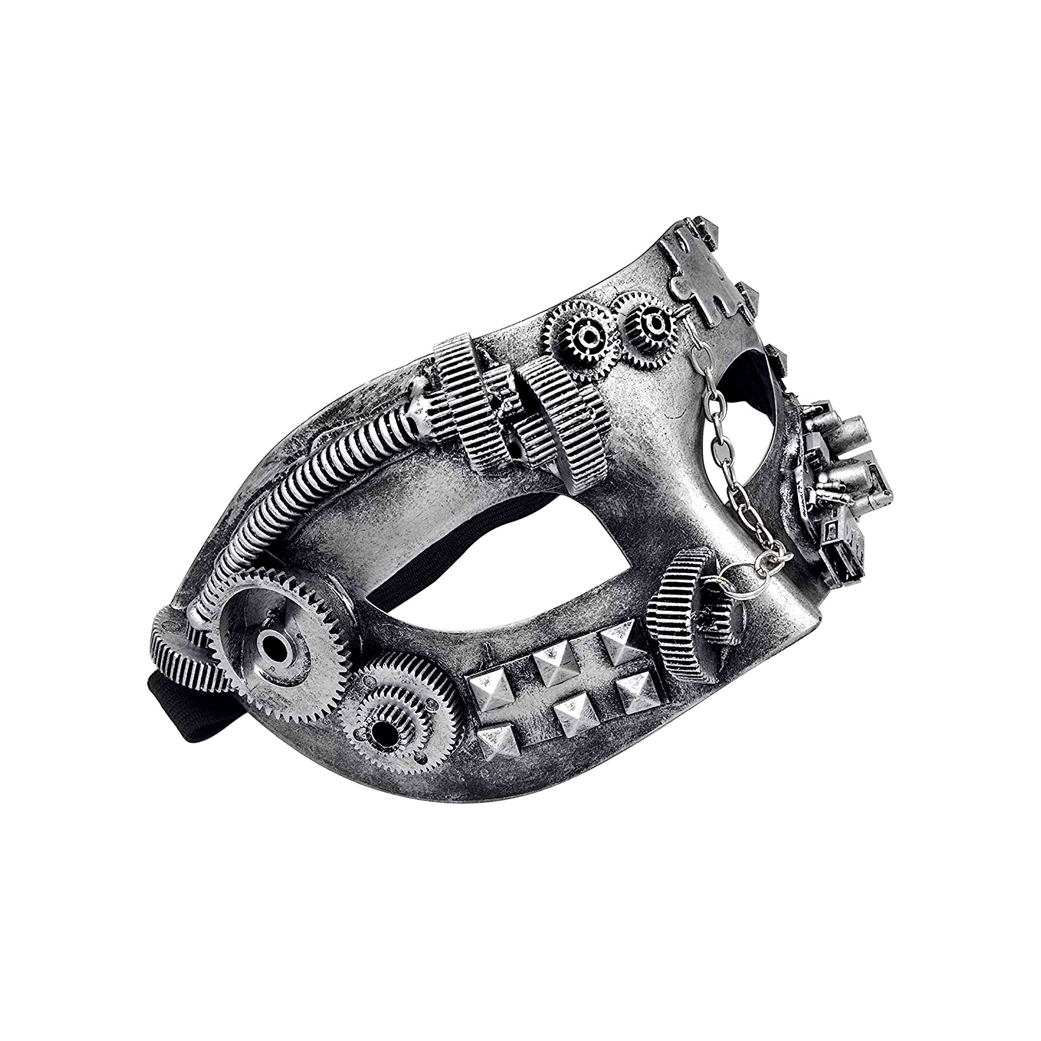 Plastic molded-plastic elastic accessories mask eye-mask gear steampunk steam-punk puzzle industrial chain hanging-chains puzzle-piece mechanical sci-fi fantasy costume cosplay Halloween masquerade masquerade-ball unisex silver