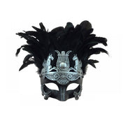 Plastic resin molded-resin feathers accessories mask venetian-mask half-mask antique feather-crown pegasus lyre harp mesopotamian greek roman flourish-detail elegant elegance dramatic regal mysterious sophistication sophisticated flair bold standout stand-out fantasy costume cosplay Halloween masquerade masquerade-ball party silver black