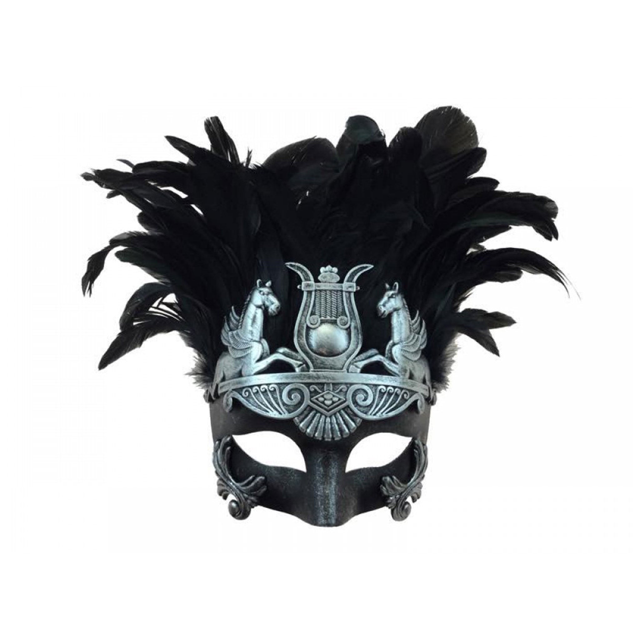 Plastic resin molded-resin feathers accessories mask venetian-mask half-mask antique feather-crown pegasus lyre harp mesopotamian greek roman flourish-detail elegant elegance dramatic regal mysterious sophistication sophisticated flair bold standout stand-out fantasy costume cosplay Halloween masquerade masquerade-ball party silver black