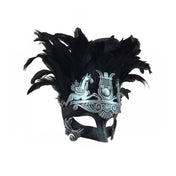 Plastic resin molded-resin feathers accessories mask venetian-mask half-mask antique feather-crown pegasus lyre harp mesopotamian greek roman flourish-detail elegant elegance dramatic regal mysterious sophistication sophisticated flair bold standout stand-out fantasy costume cosplay Halloween masquerade masquerade-ball party silver black