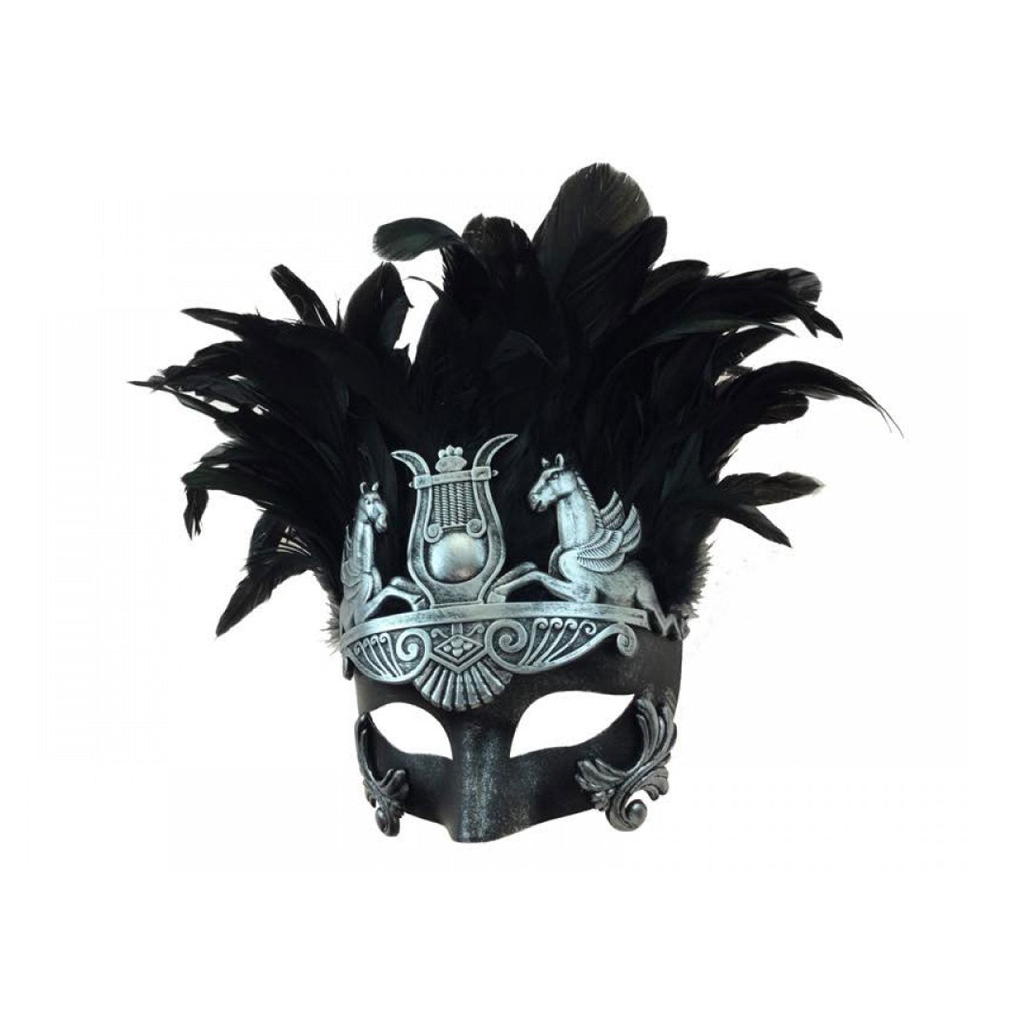 Plastic resin molded-resin feathers accessories mask venetian-mask half-mask antique feather-crown pegasus lyre harp mesopotamian greek roman flourish-detail elegant elegance dramatic regal mysterious sophistication sophisticated flair bold standout stand-out fantasy costume cosplay Halloween masquerade masquerade-ball party silver black