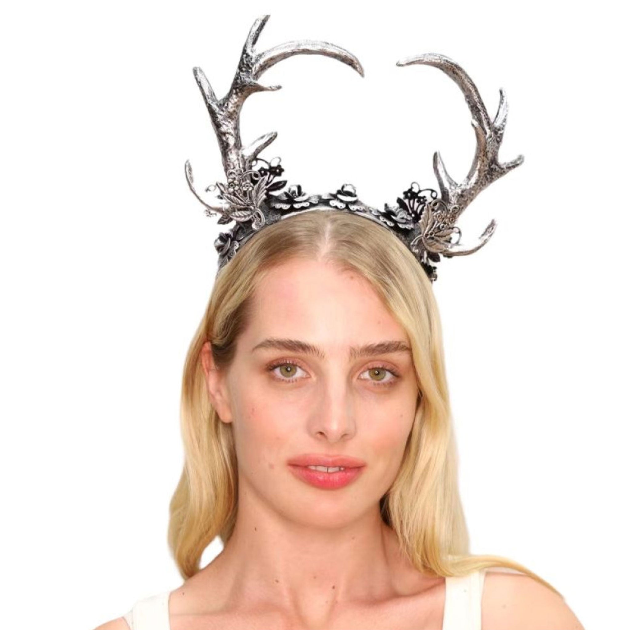 Accessories headgear head-gear headband velvet-coated horns antlers floral-accents dazzling enchanting shimmering mystical forest costume cosplay halloween fantasy fairy faerie silver