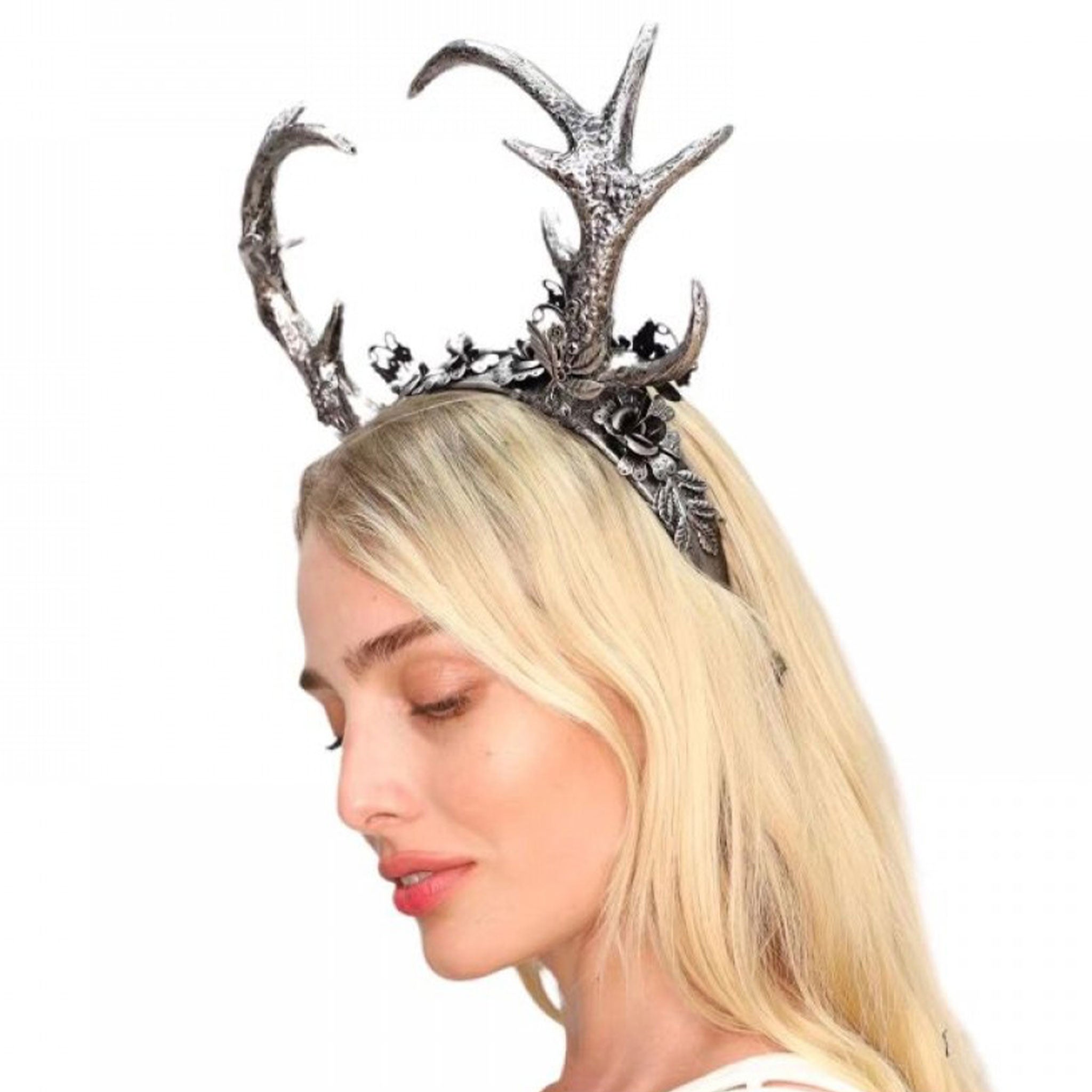 Accessories headgear head-gear headband velvet-coated horns antlers floral-accents dazzling enchanting shimmering mystical forest costume cosplay halloween fantasy fairy faerie silver