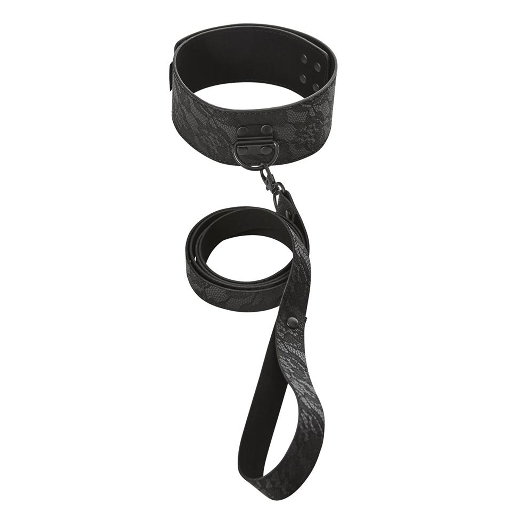 Leather synthetic choker collar lockplate lock-plate padlock pad-lock lock adjustable detachable leash lead lace pattern D-ring bondage bdsm restraints pet-play accessories black