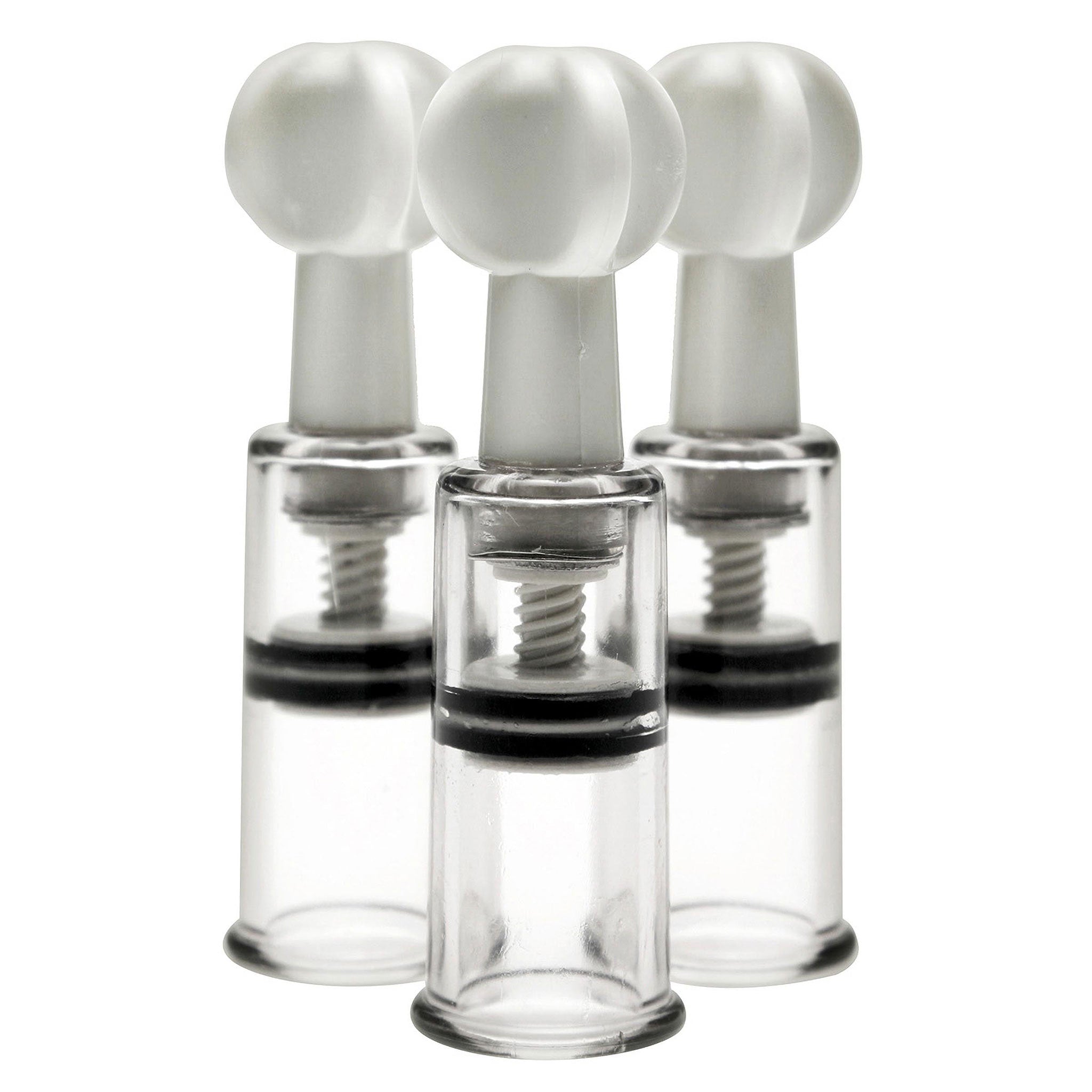 ABS-plastic rubber nipple suction nipple-play nipple-suckers clit clitois clitoral clit-suckers stimulation stimulating stimulator screw-top twist-top pressure simple suction vacuum 3pc 3-piece three-piece bdsm bdsm-toys sensitivity sensory-play nipple-play enlargement-play kink kinky kinky-play solo-play couples-play clear