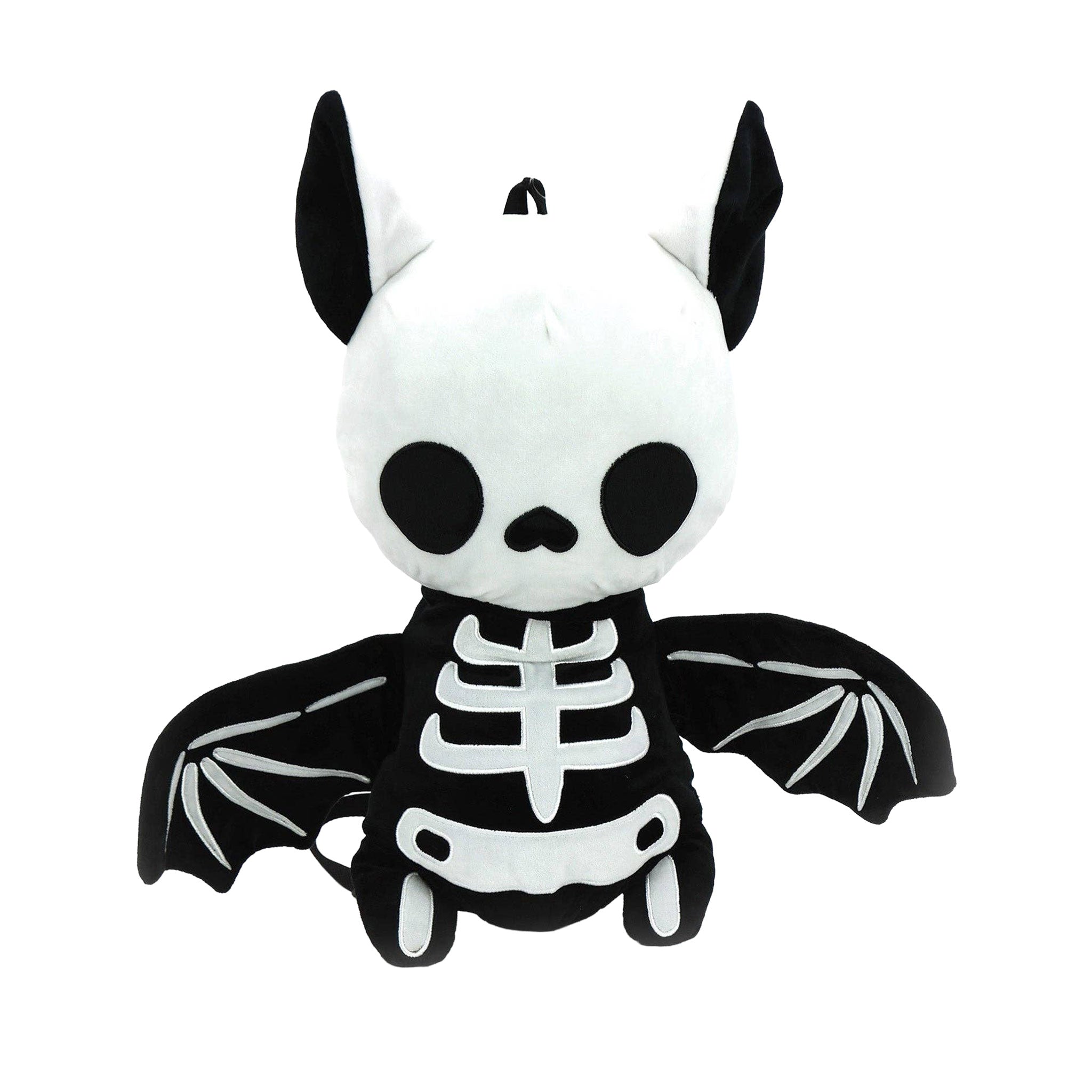 Polyester plush nylon plastic accessories bag backpack novelty-backpack stuffed-animal bat zipper back-zip fabric-lining single-compartment adjustable shoulder-strap top-handle soft durable lightweight cute spooky quirky unique playful whimsical fashion alt-fashion alternative punk goth gothic kawaii kowaii harajuku emo dark-fashion everyday costume cosplay halloween halloween-inspired halloween-accessories skeleton skeletal holiday-shop gifts unisex black-white 