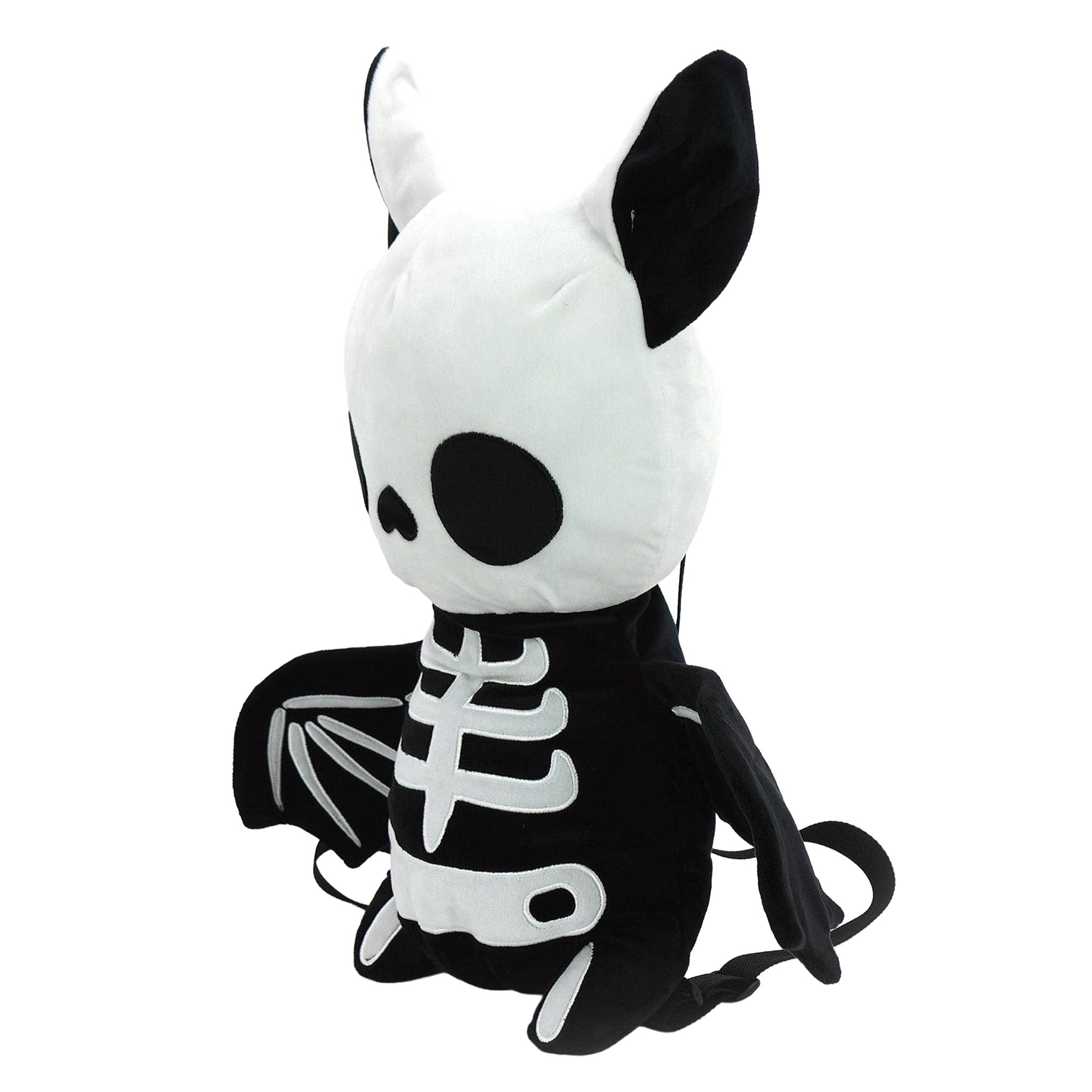Polyester plush nylon plastic accessories bag backpack novelty-backpack stuffed-animal bat zipper back-zip fabric-lining single-compartment adjustable shoulder-strap top-handle soft durable lightweight cute spooky quirky unique playful whimsical fashion alt-fashion alternative punk goth gothic kawaii kowaii harajuku emo dark-fashion everyday costume cosplay halloween halloween-inspired halloween-accessories skeleton skeletal holiday-shop gifts unisex black-white 