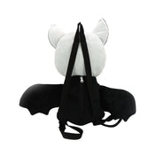 Polyester plush nylon plastic accessories bag backpack novelty-backpack stuffed-animal bat zipper back-zip fabric-lining single-compartment adjustable shoulder-strap top-handle soft durable lightweight cute spooky quirky unique playful whimsical fashion alt-fashion alternative punk goth gothic kawaii kowaii harajuku emo dark-fashion everyday costume cosplay halloween halloween-inspired halloween-accessories skeleton skeletal holiday-shop gifts unisex black-white 