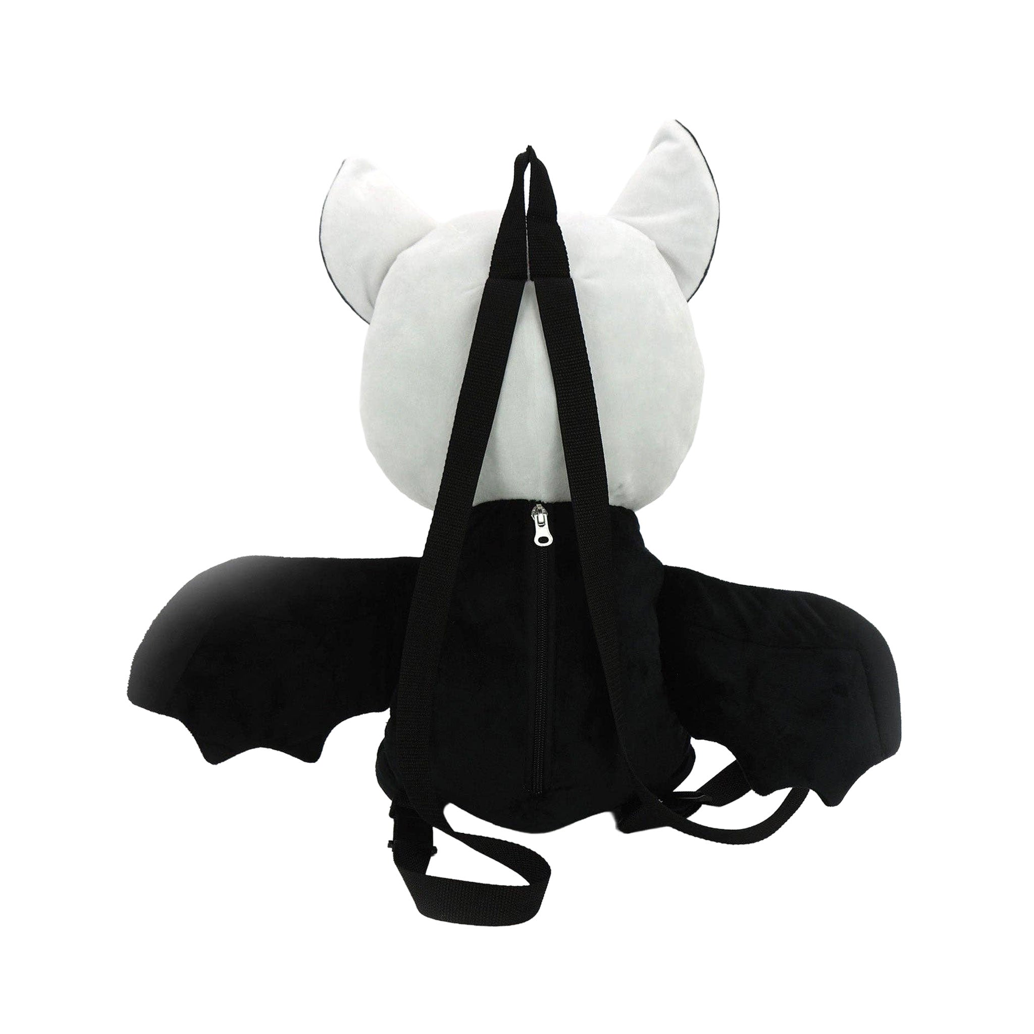 Polyester plush nylon plastic accessories bag backpack novelty-backpack stuffed-animal bat zipper back-zip fabric-lining single-compartment adjustable shoulder-strap top-handle soft durable lightweight cute spooky quirky unique playful whimsical fashion alt-fashion alternative punk goth gothic kawaii kowaii harajuku emo dark-fashion everyday costume cosplay halloween halloween-inspired halloween-accessories skeleton skeletal holiday-shop gifts unisex black-white 